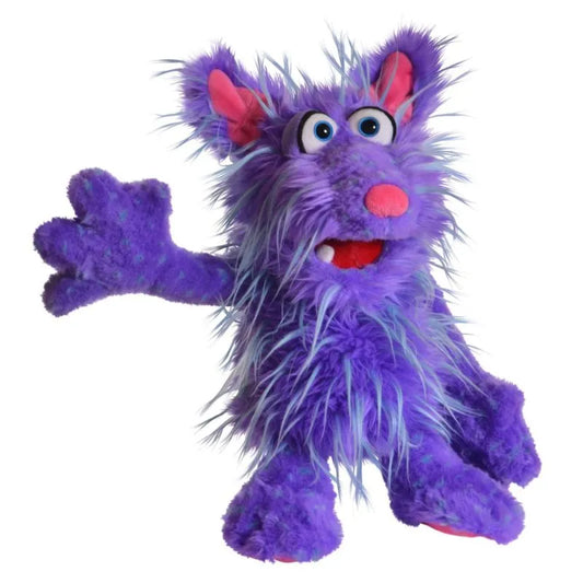 The Living Puppets Tofu Hand Puppet is a plush toy that serves as a monster hand puppet, showcasing a fluffy purple creature with large eyes, pink ears, and nose. Its open mouth and outstretched arm invite kids to engage in creative play, exuding a playful expression.