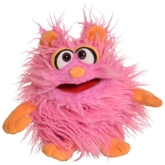 The Living Puppets Trote Hand Puppet is perfect for imaginative play, showcasing pink, fluffy fur, large googly eyes, a big mouth, and small orange paws. Resembling a whimsical monster-like character with an expressive face, it's ideal for creative scenarios and adventures.