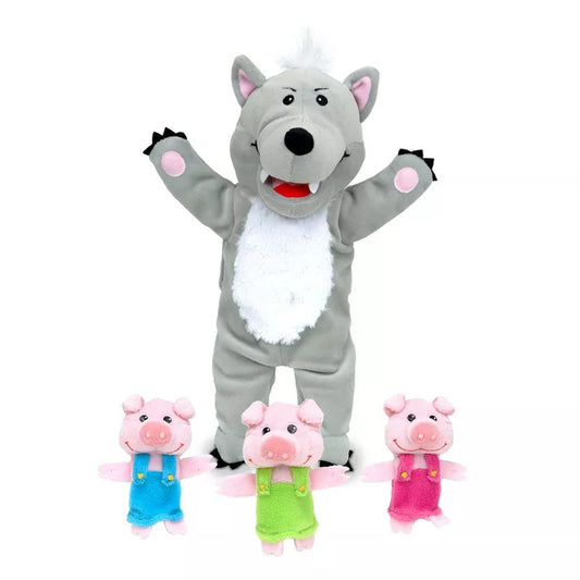 A puppet show featuring a Fiesta Crafts Big Bad Wolf & 3 Little Pigs Puppet Set with two pigs.