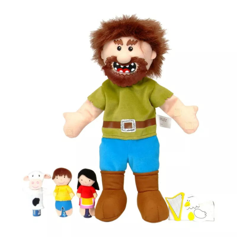 A Jack & The Beanstalk Puppet Set for kids, featuring a bearded man and other toys, perfect for puppet shows.