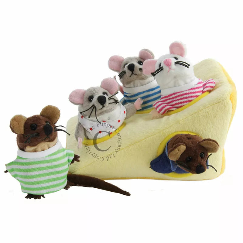 Four Hide Away Mouse Family puppets sitting on top of a cheese slice, delighting kids in a puppet show.