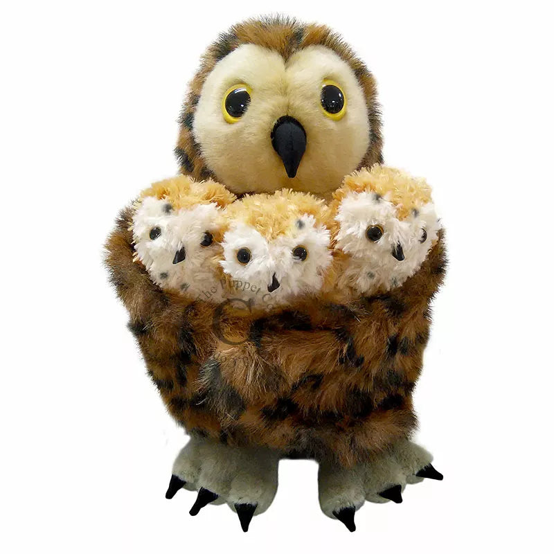 A Hide-Away Tawny Owl puppet with baby owls suitable for puppet shows and kids.