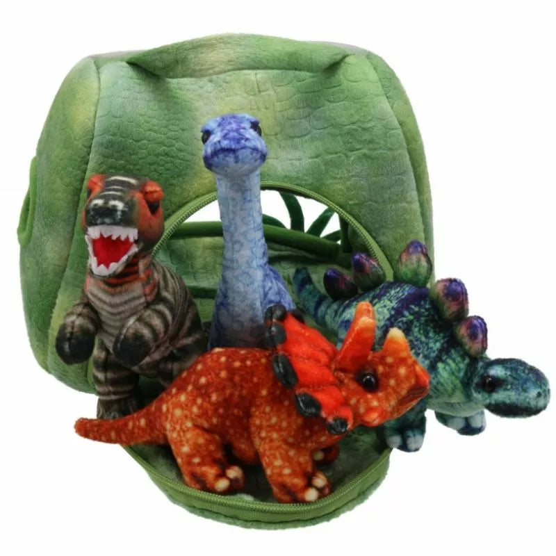 The Puppet Company Hide Away Dinosaur House is a portable puppet show for kids.