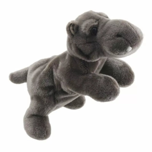 A gray The Puppet Company Full-bodied Hand Puppet Hippo is flying in the air.