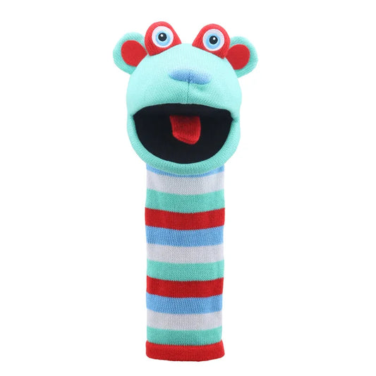 The Puppet Company Sockette Hope is a vibrant puppet made from recycled materials, featuring a light blue face, wide eyes, and red ears with an open red mouth. Its body sports playful stripes in aqua, red, gray, and white.