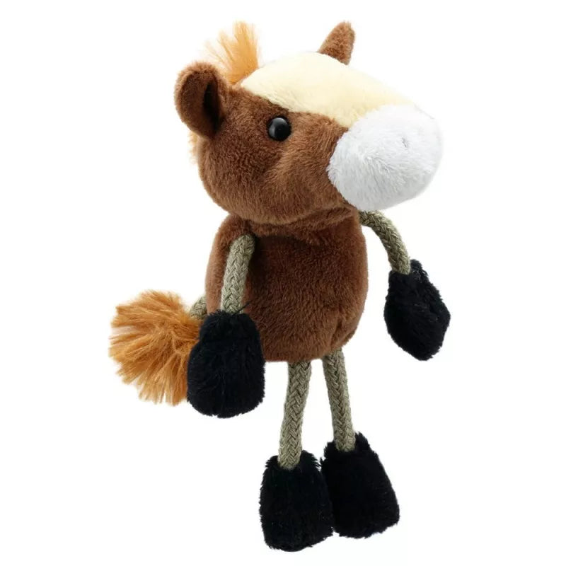 A brown and black horse finger puppet for kids during puppet show.