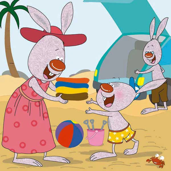 A Dual Language Book I Love to Help English/Ukrainian children's book featuring a cartoon of two rabbits on the beach with a car.