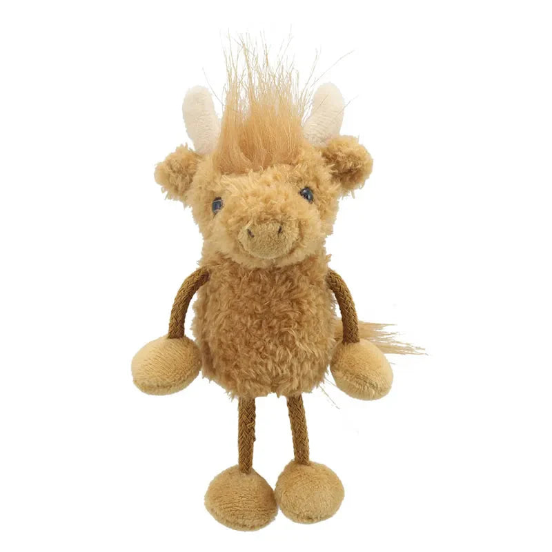 This small, plush buffalo toy features light brown fur with darker brown arms and legs made of yarn, a tuft of spiky hair on its head, and cream-colored horns. Resembling The Puppet Company Highland Cow Finger Puppet, it has round black eyes and a cute, smiling expression—perfect for storytime.