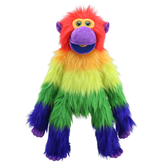 The Puppet Company Rainbow Monkey Hand Puppet features long, fluffy fur in a stunning gradient pattern. Starting with a red head, the colors transition to orange, yellow, green, and blue along the body and arms. This delightful toy has a purple snout, hands, and feet, complemented by big round eyes with a cheerful expression – perfect for playful moments during storytime and fun!