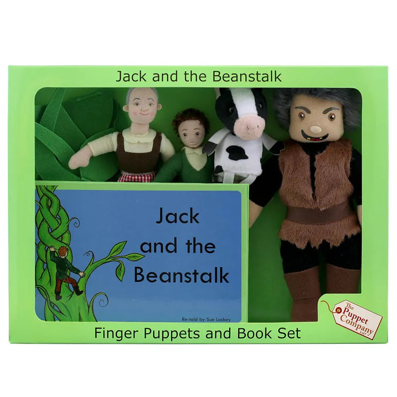 The Puppet Company Finger Puppet Story Set "Jack & The Beanstalk" includes a book and finger puppets of Jack, his mother, a cow, and a giant. Its green leafy backdrop encourages imaginative storytelling for young adventurers.