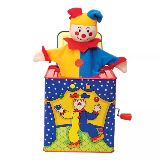 A colorful Jester Jack In Box toy featuring a clown with a smiling face popping out of a blue box adorned with circus graphics on the front.