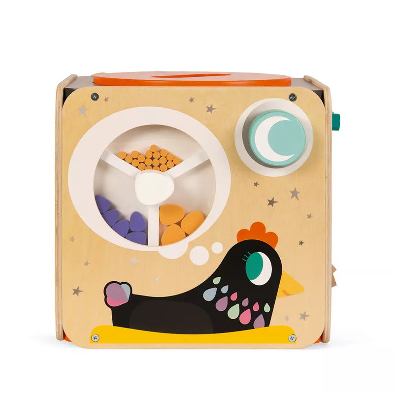 A Janod Multi-Activity Looping Toy with a picture of a chicken on it.