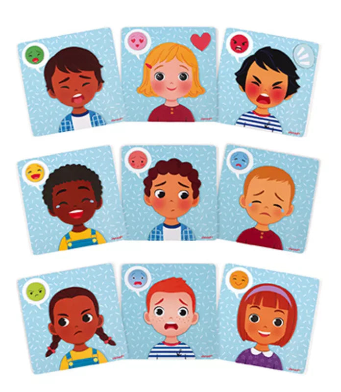 A set of Janod Emotions Magnetic Game cards with different faces on them.
