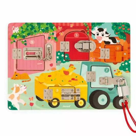 A Janod Padlocks Board - The Farm featuring a locking system and farm animals.