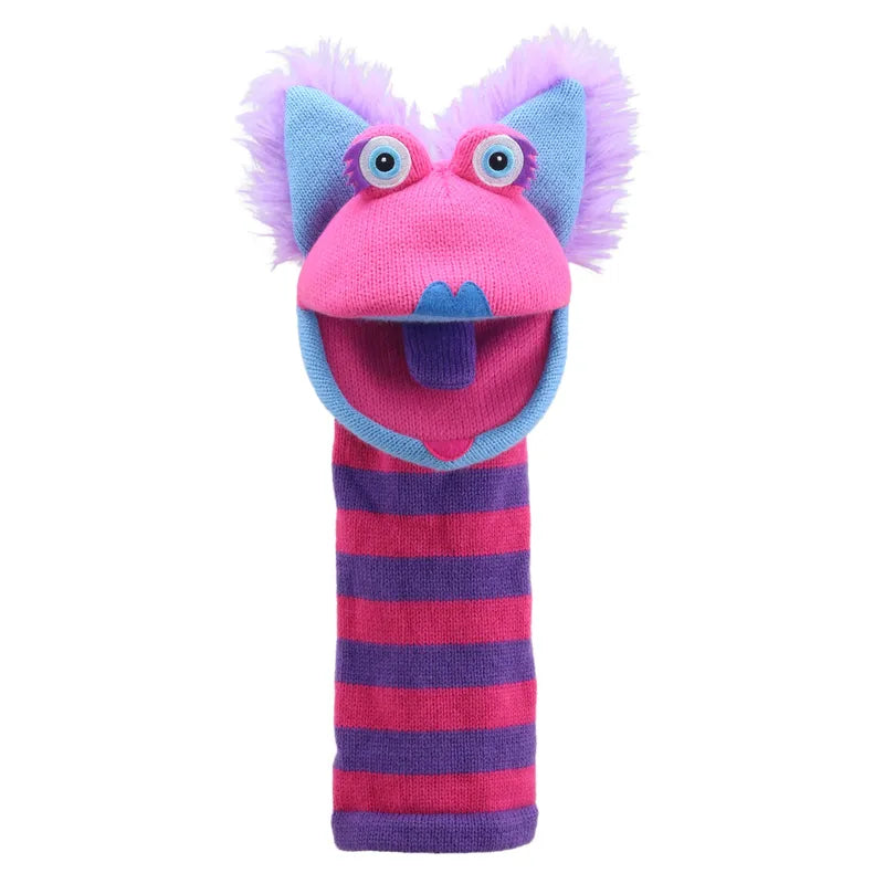 The Puppet Company Sockette Puppet Kitty is a whimsical hand puppet designed as a colorful creature adorned with pink, purple, and blue hues. It features big googly eyes, a blue snout, and pink fuzzy ears. The knitted sock body showcases pink and purple horizontal stripes, and it even has a squeaker tongue for added fun.