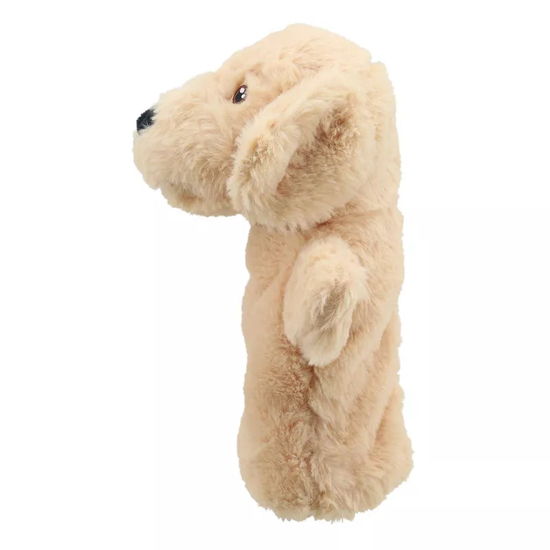An ECO Puppet Buddies Labrador Hand Puppet with soft plush fur on a white background.