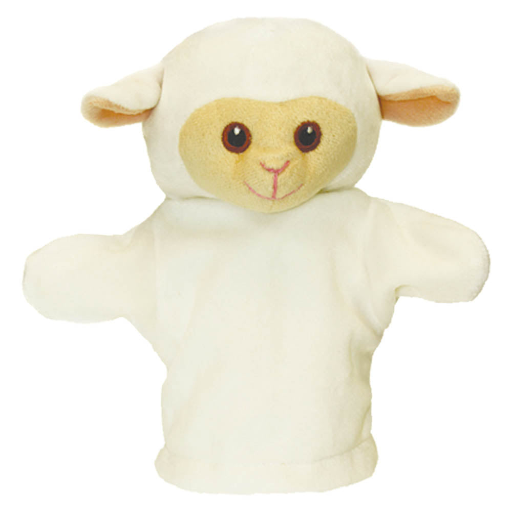 The Puppet Company My First Puppet Lamb is a soft, plush hand puppet shaped like a sheep, ideal for interactive play and language development. It features large brown eyes, a smiling face, creamy white body and ears, and a light orange face for a cute appearance.