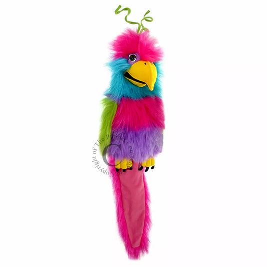 A vibrant Bird of Paradise puppet captivating kids during a lively puppet show performance.