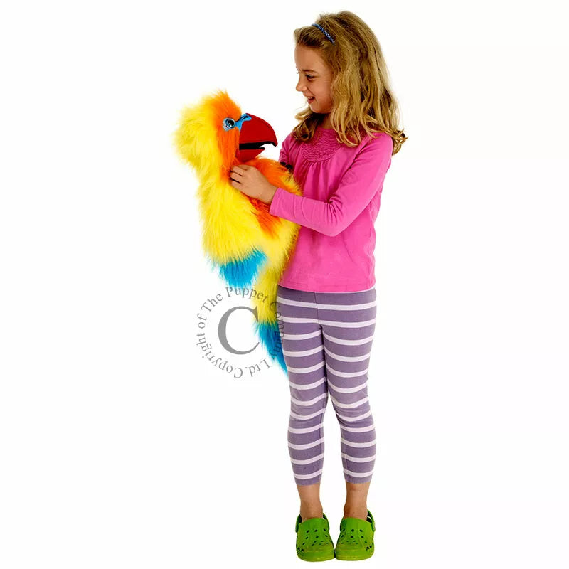 A kid performing a puppet show with The Puppet Company Large Puppet Love Bird.