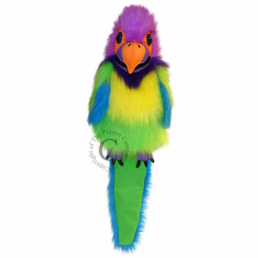 A vibrant children's puppet, The Puppet Company Large Plum-Headed Parakeet, placed against a clean white background.