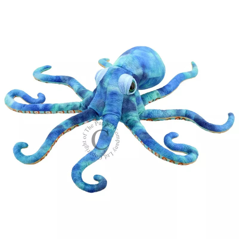 A blue puppet octopus for kids in a puppet show.