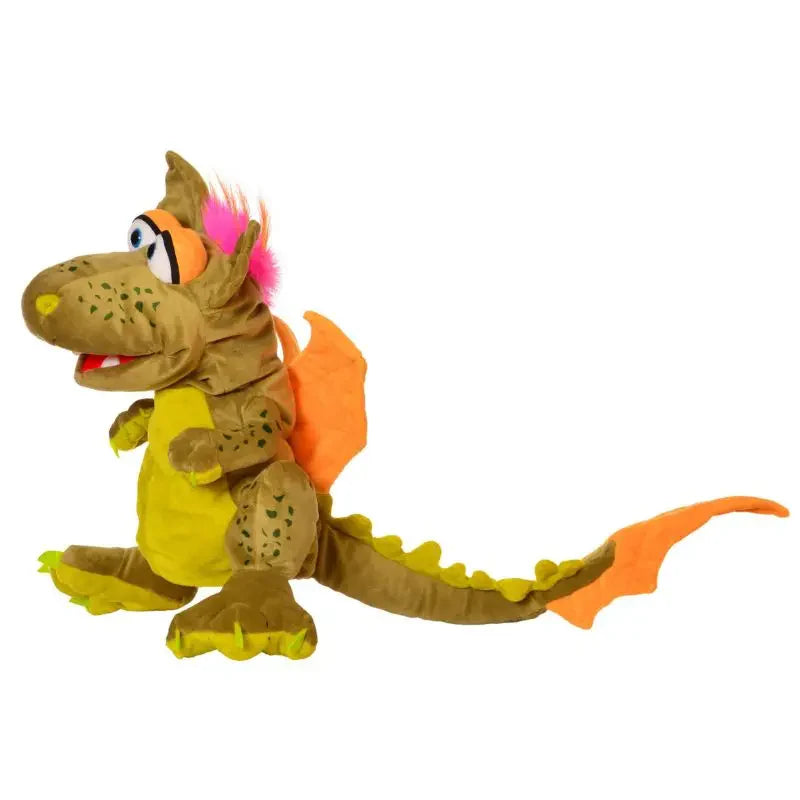 Rocco The Dragon Hand Puppet, with a brown and yellow body, green spots, orange wings and tail, and pink hair on its head, sits upright against a white background—a delightful toy for imaginative play.