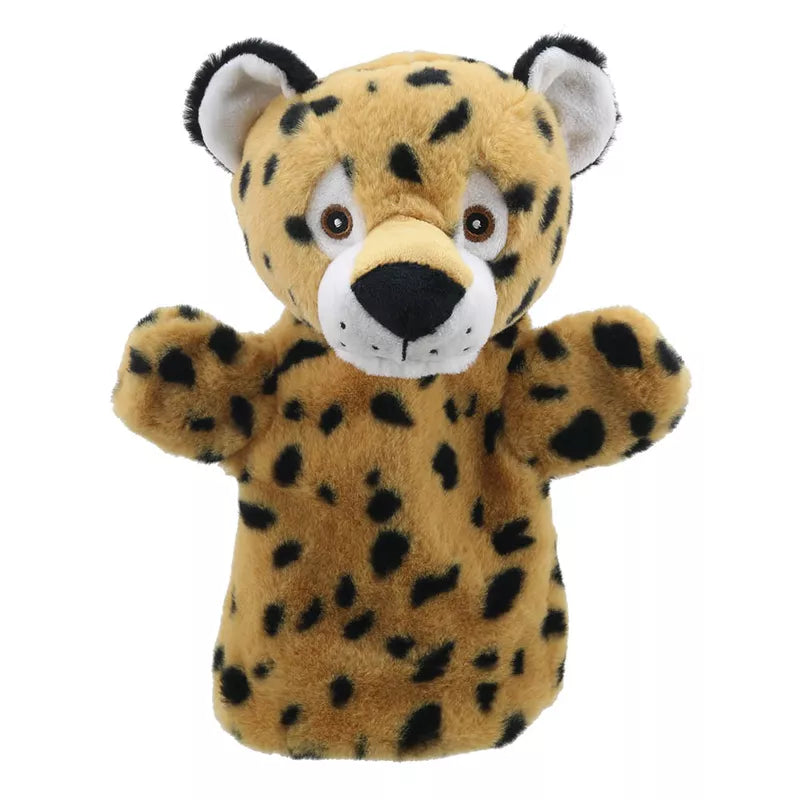 A soft plush ECO Puppet Buddies Leopard Hand Puppet on a white background.