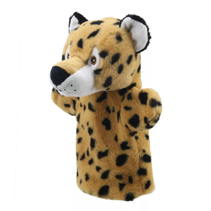 A soft plush ECO Puppet Buddies Leopard Hand Puppet on a white background.