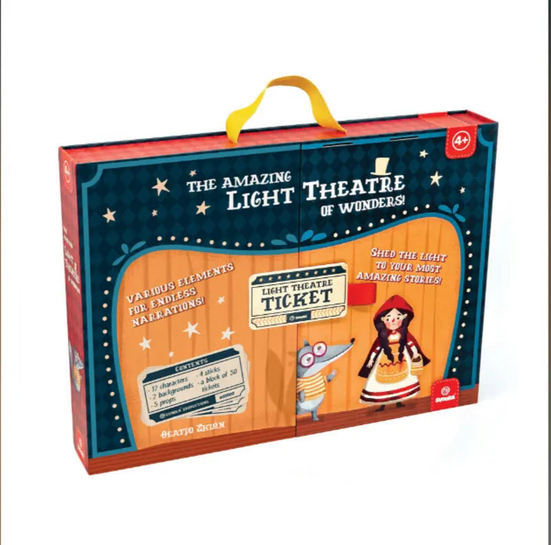 The "Shadow Theatre – The Amazing Light Theatre of Wonders" is a colorful box with a yellow handle, showing a mouse with glasses and a girl in a dress, inviting imaginative shadow play for ages 4+.