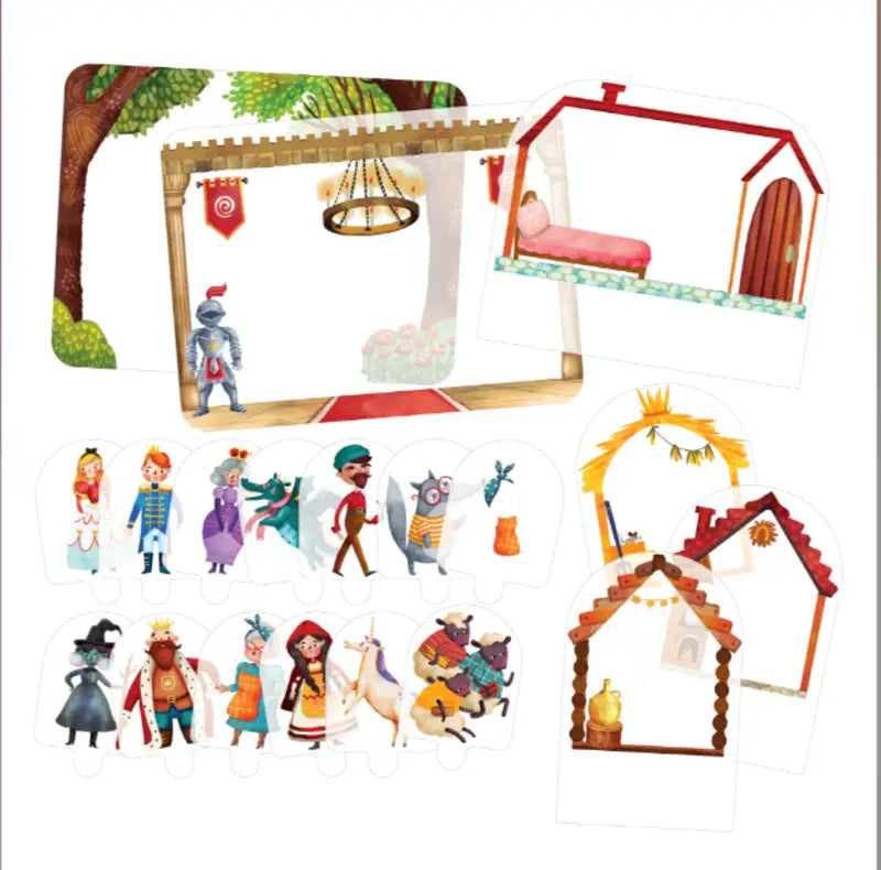 Illustration of Shadow Theatre – The Amazing Light Theatre of Wonders, a fairy tale-themed puzzle set with knights, princesses, witches, animals, and cutout backgrounds like castles—ideal for imaginative play or creating stories with light theatre.