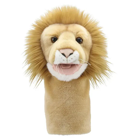 The Jumbo Friends Lion Hand Puppet displays a beige face, bushy mane, and lifelike details with wide eyes and a slightly open mouth on a plain white background.