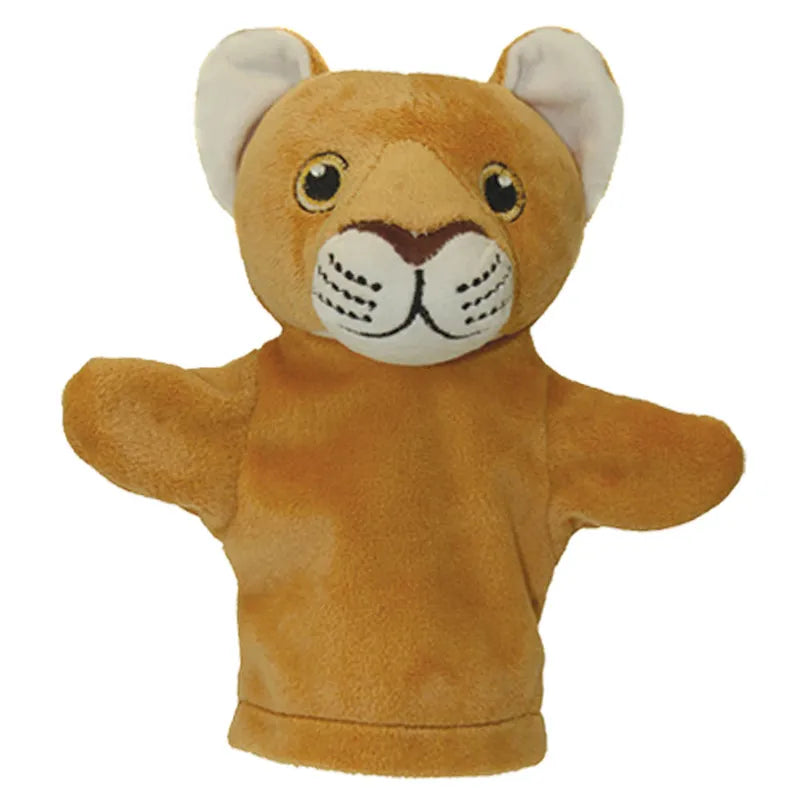 Introducing The Puppet Company My First Puppet Lion, a charming brown lion hand puppet featuring white ears, whiskers, big expressive eyes, and an open mouth with outstretched arms. It's perfect for interactive play and a delightful tool for language development.