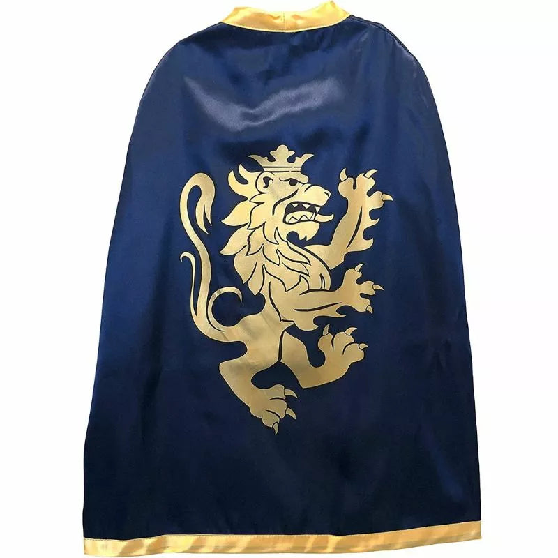 A blue and gold Liontouch Noble Knight cape with a lion on it for kids who love puppet shows.