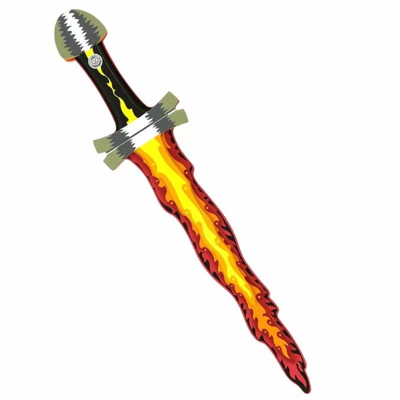 A Liontouch Flame Toy Sword in Foam with flames on it, perfect for kids' puppet shows.