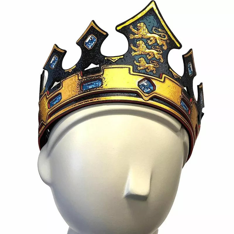 A puppet show kids' mannequin head adorned with the Liontouch King Crown Triple Lion.