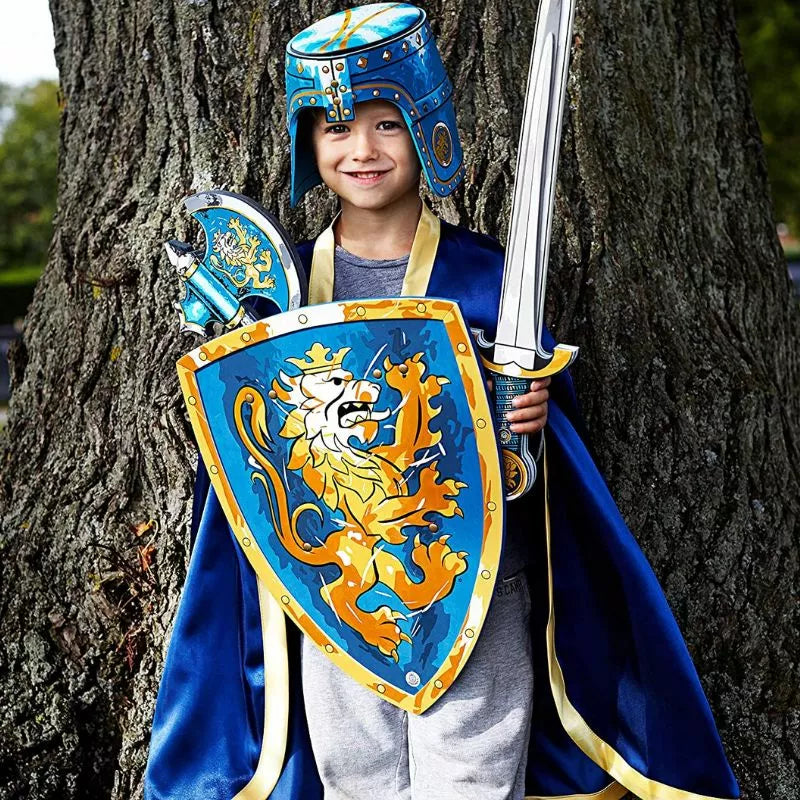 A kid dressed as a noble knight performs in a puppet show, wielding a Liontouch Noble Knight Axe and shield.