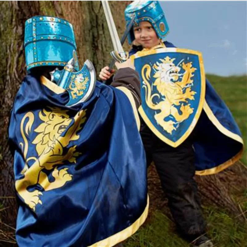 Two children dressed in Liontouch Noble Knight Full Costume Set holding swords.