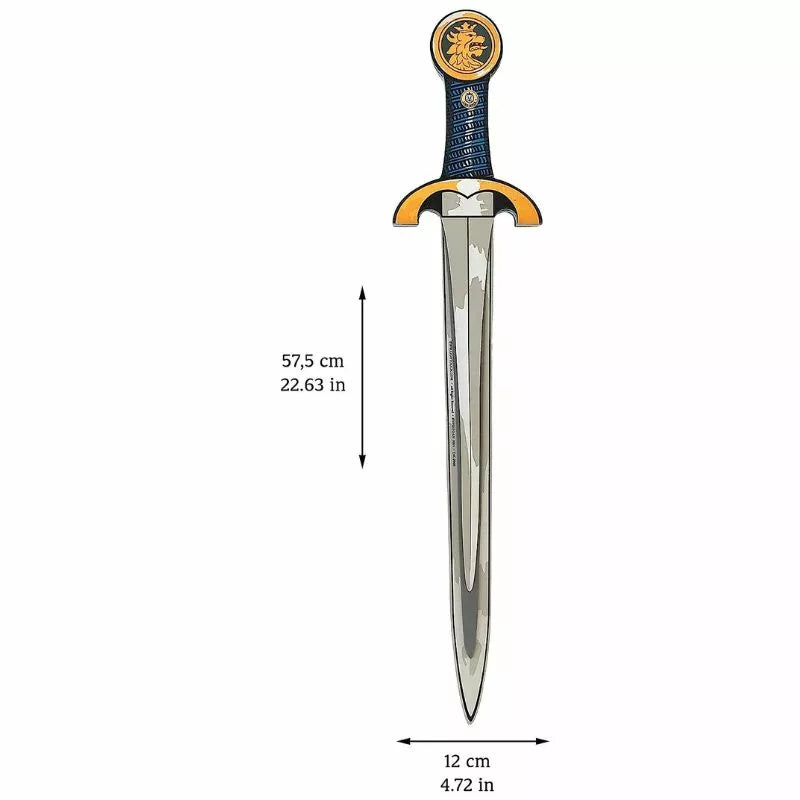 A picture of the Liontouch Noble Knight Sword with measurements, perfect for kids interested in puppet shows.