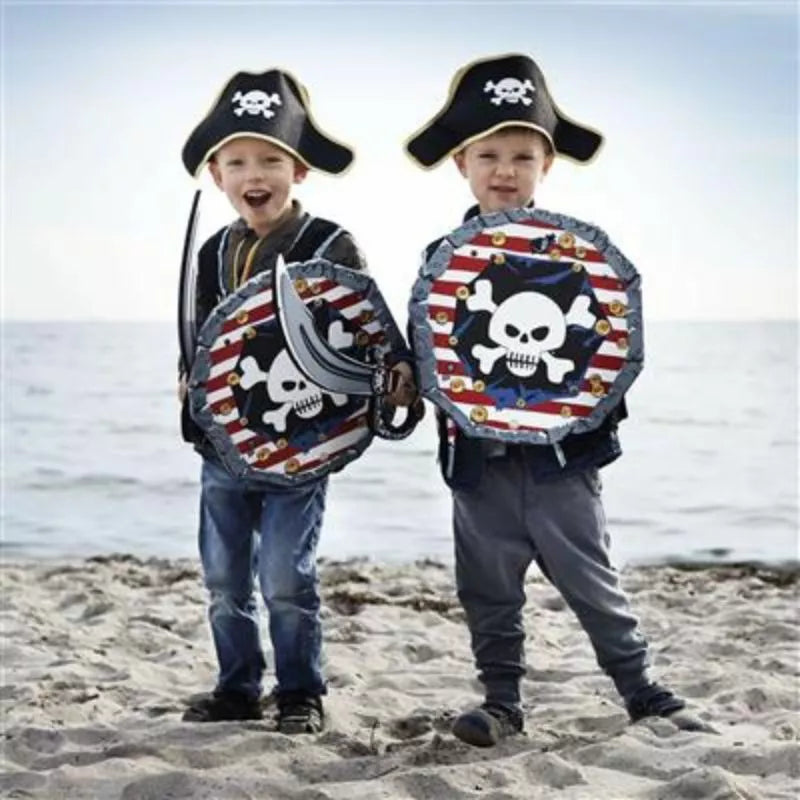 Two boys dressed up in Liontouch Pirate Hat Red Stripe on the beach.