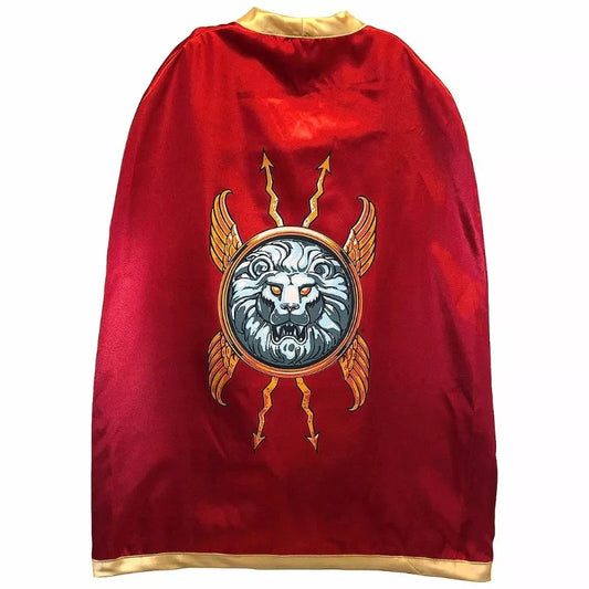 A red Liontouch Roman Cape with a lion image perfect for kids' puppet shows.