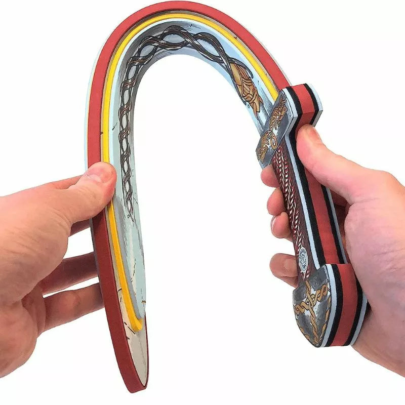 A person holding a Liontouch Viking Set puppet sword with a rainbow on it for kids' puppet show.
