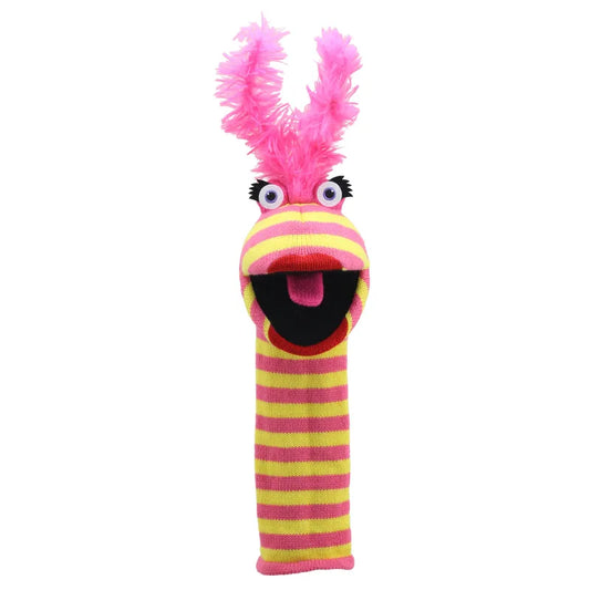 The Puppet Company Sockette Puppet Lipstick is a vibrant puppet with pink and yellow stripes, large googly eyes, pink fuzzy antennae, and an open mouth showing a playful pink tongue against the black interior.