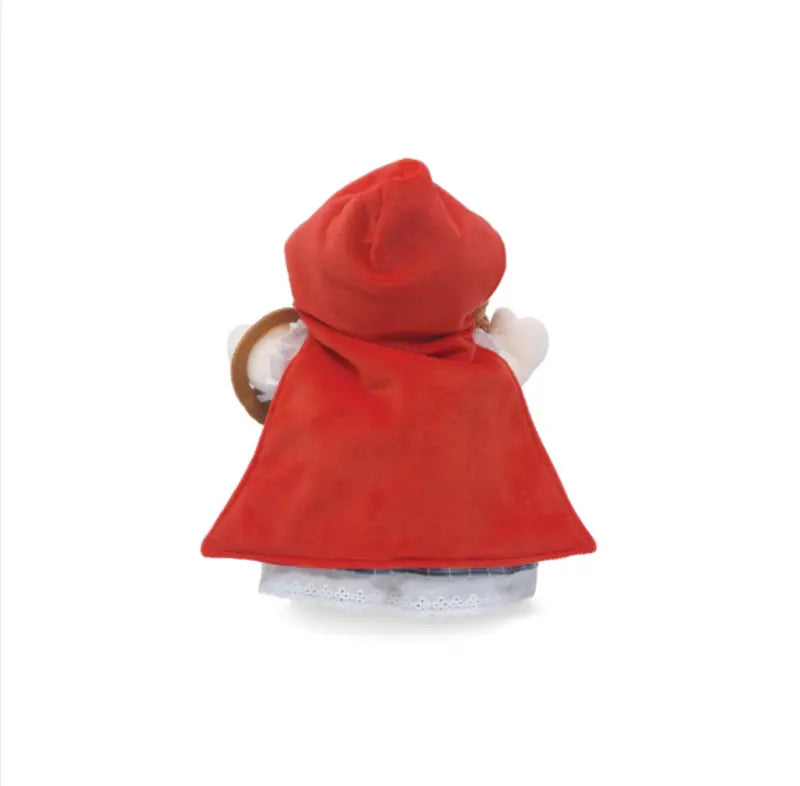 Hand Puppet Little Red Riding Hood: Plush puppet in a red hooded cape, shown from the back with a basket. Ideal for imaginative play and storytelling, featured against a plain white background.