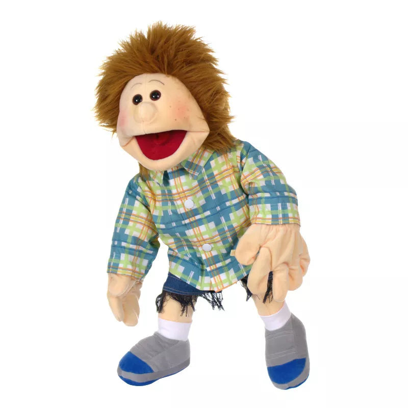 A 65cm hand puppet with long hair and a plaid shirt, perfect for kids' puppet shows.