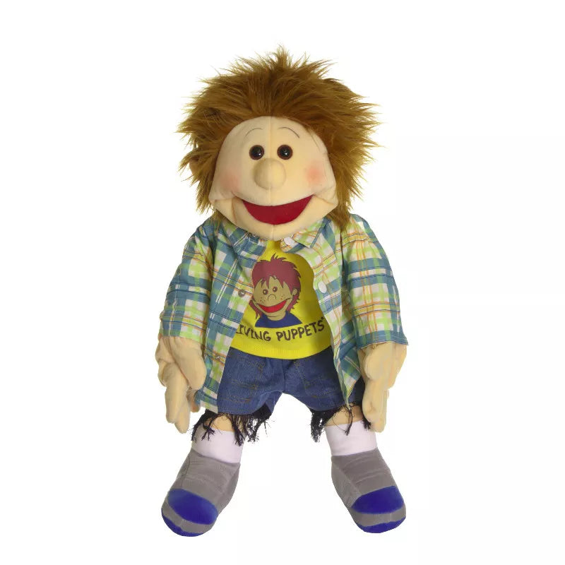 A 65cm puppet for kids, wearing a shirt and jeans, perfect for puppet shows.