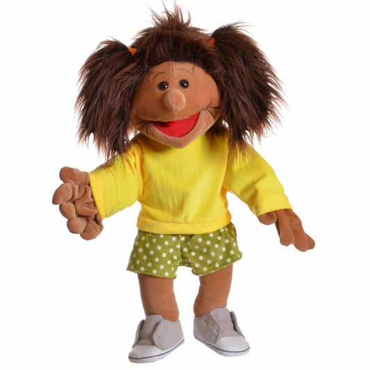 A Living Puppets Lorie 65cm Hand Puppet wearing a yellow shirt and green shorts, now designed for interactive play.