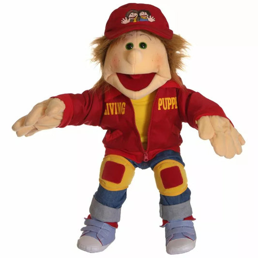 A mouth-moving hand puppet with long brown hair is dressed in a red jacket and matching cap, both labeled "Living Puppets Lutzi 65cm Hand Puppet." The puppet also wears blue jeans with yellow knee patches and gray shoes. Perfect for interactive play, the puppet's arms are extended outward.