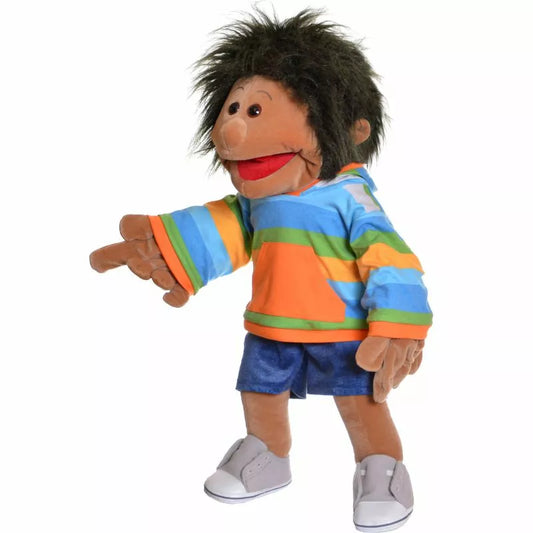 A Living Puppets Marlon 65cm Hand Puppet with a striped shirt and blue shorts.