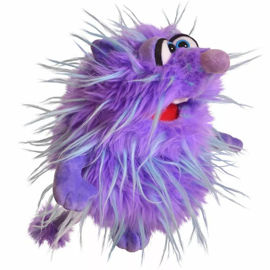 A fluffy purple Living Puppets Monster Hand Puppet Babbel with big blue eyes and a zany tuft of hair.