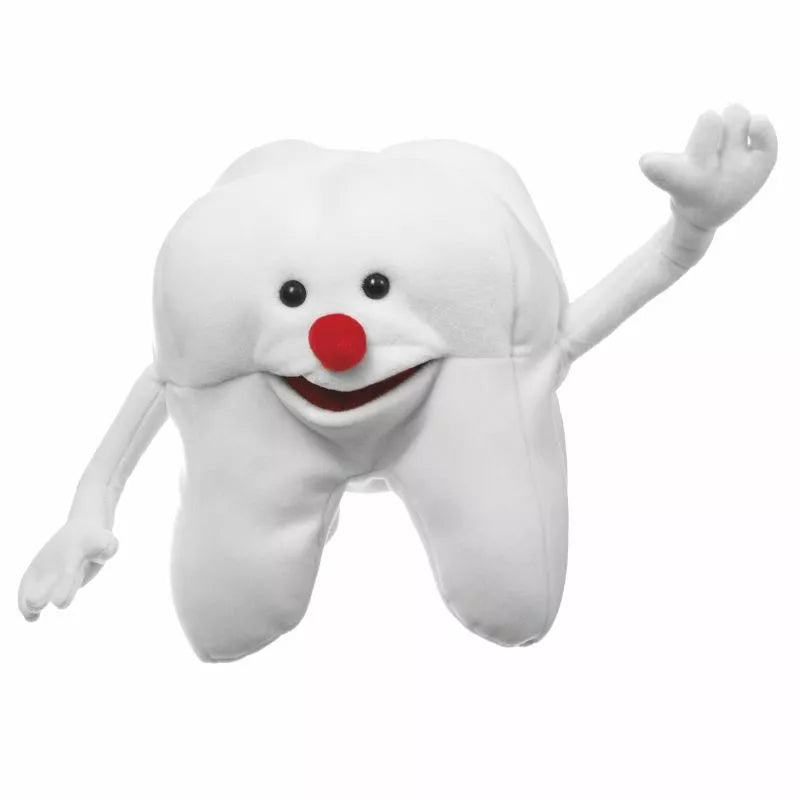 A kids' puppet show featuring a Living Puppets Back Tooth Hand Puppet with a red nose waving.